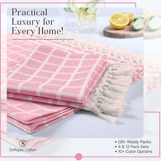 Matrix Dobby Kitchen Towels Set of 4, 100% Cotton, Combo Pack, 16"x26", Absorbent Tea Towels with Tassels, Reusable Cleaning Cloths - Rose Pink, Burgundy, Mustard Yellow, Grey