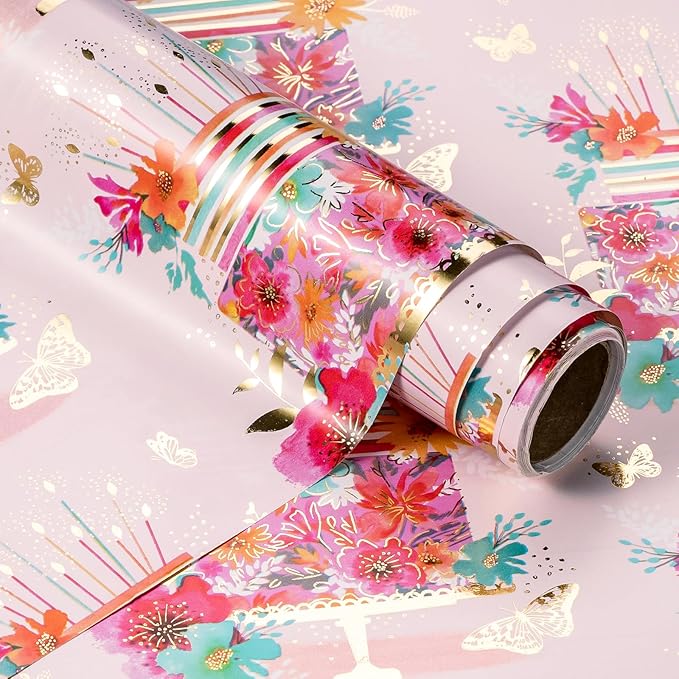 WRAPAHOLIC Foil Pink Birthday Wrapping Paper - Mini Roll - 17 Inch x 16.5 Feet - Floral Cake Wrapping Paper for Kids Girls Women Birthday, Baby Shower, Bridal Shower, Wedding