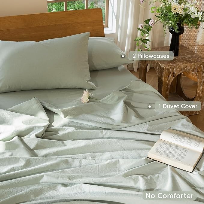 MooMee Bedding Duvet Cover Set 100% Washed Cotton Linen Like Textured Breathable Durable Soft Comfy (Heathered Sage Green, Oversized King Plus 128"x120")