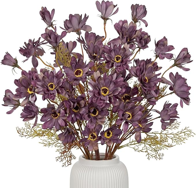 3 Bunches Artificial Daisy Flowers with Stems for Autumn Flower Arrangements, 20" Fake Burgundy Chrysanthemums Silk Flowers for Fall Floral Decor, Faux Wildflowers Mums Sprays for Centerpiece, Purple