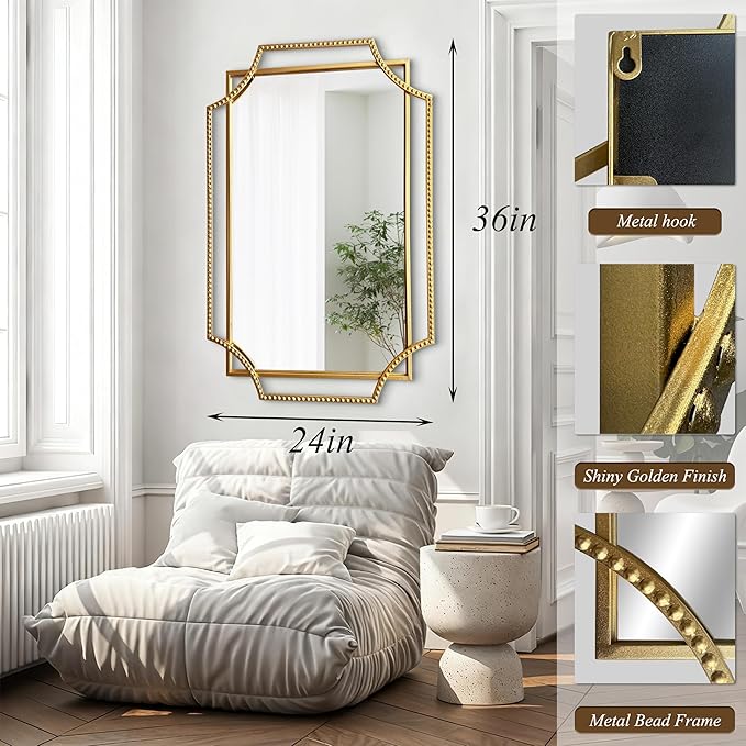 Gold Bathroom Mirror with Metal Frame 24"x36" Antique Beaded Decorative Wall Vanity Mirror Rectangle Polished Beveled Mirrors for Bedroom Entryway Fireplace