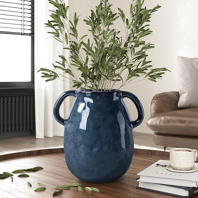 7 Inch Retro Navy Blue Ceramic Vase with Handles, Modern Glazed Blue Vase for Flowers, Farmhouse Vintage Flower Vase Decorative for Home Decor, Table, Counter, Living Room, Bedroom, Entryway