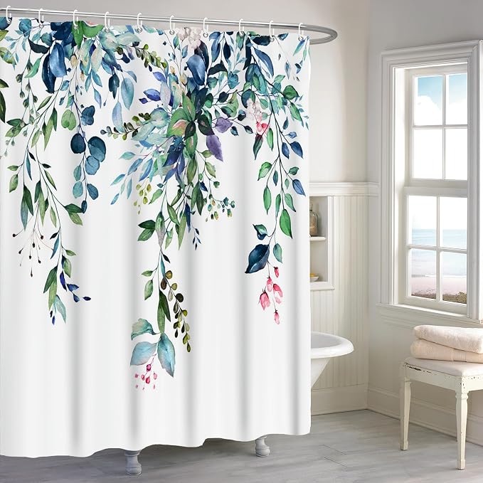 Eucalyptus Extra Long Shower Curtain, Watercolor Green Leaves Plant Floral Spring Nature Waterproof Fabric Machine Washable with Hooks for Bathroom Bathtub Decor 72Wx84H