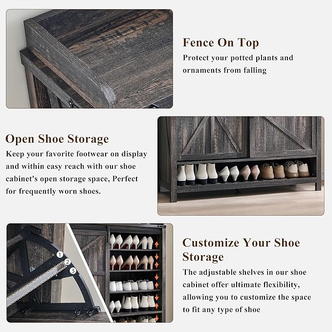 OKD Shoe Storage Cabinet with 2 Flip Drawers & Sliding Door, Farmhouse Entryway Shoe Organizer, Freestanding Rustic Hidden Shoe Rack Cabinet for Entryway, Dark Rustic Oak