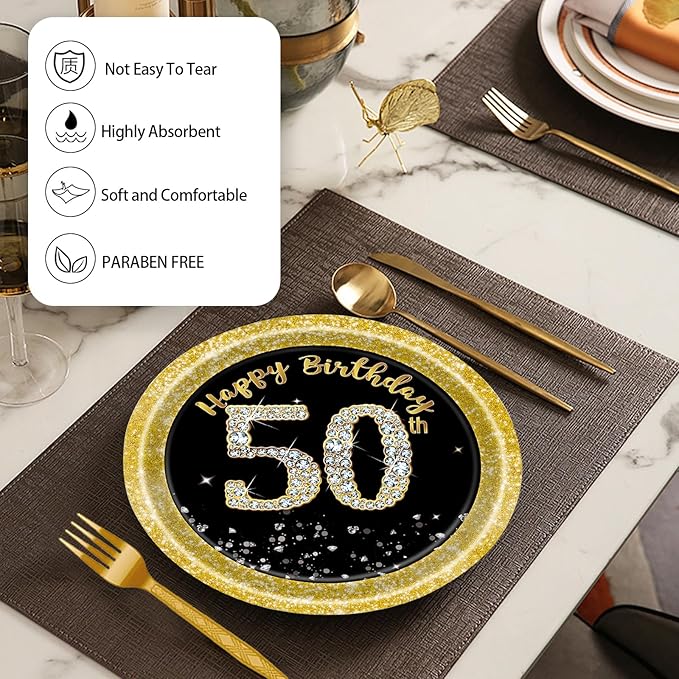 72 Pcs 50th Birthday Paper Plates and Napkins Party Supplies, Back Gold 50th Birthday Party Plates and Napkins Tableware Set for Men Women Cheers to 50 Years Decorations Serves 24