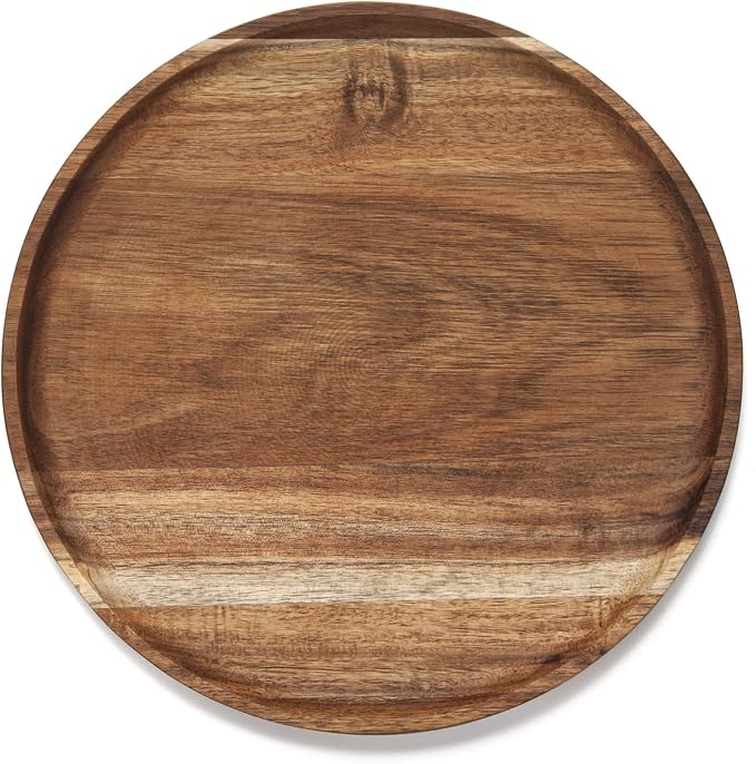 YANGQIHOME 11.8 inches Round Wood Tray, Wooden Serving Tray, Acacia Plates, Appetizer Charcuterie Board, Tray Organizer for Kitchen/Countertop, 11.8 x 11.8 x 0.8 inch