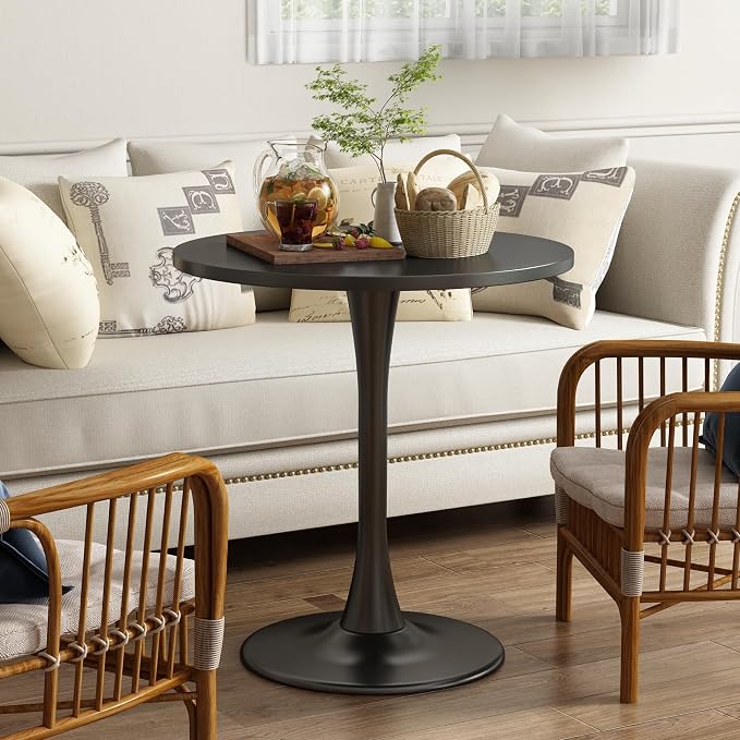 Round Dining Table 27.5" Circle Tulip Table with Wood Thickened Tabletop & Sturdy Metal Pedestal Mid Century Modern Leisure Bistro Kitchen Tables 4 People Small Places Living Room Cafe,Black