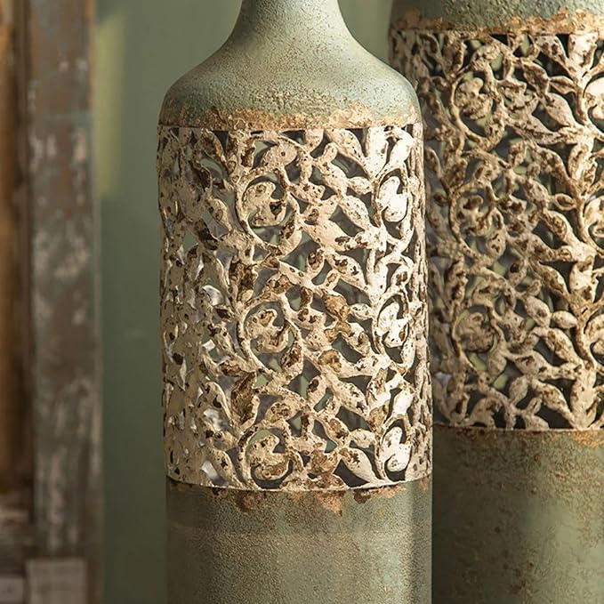 20.3″ Tall Metal Floor Vase – French Country Green & White Geometric Iron Cylinder Decorative Vase for Living Room • Entryway • Hallway (Rustic Romantic Accent & Dried/Faux Flowers)