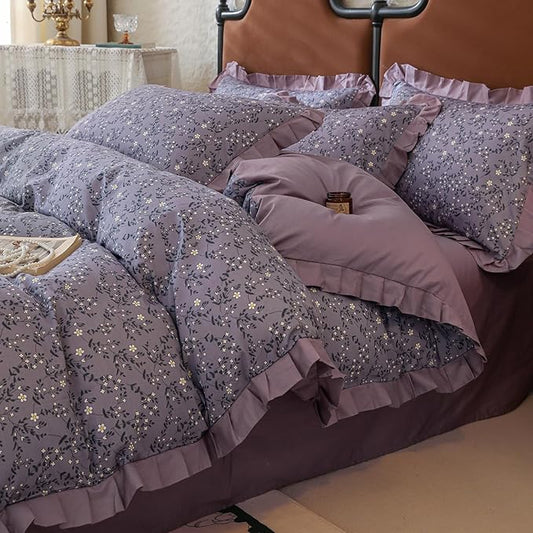 Purple Ruffle Duvet Cover King 100% Cotton Daisy Flower Comforter Cover Boho Cottagecore Bedding Set Vintage Floral Quilt Cover Romantic Ruffle Comforter Cover Botanical Floral Duvet Cover Set King