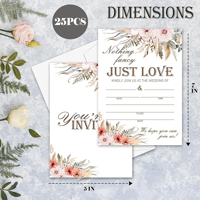 Boho Pampas Grass Wedding Invitations, 5"x 7" Nothing Fancy Just Love Wedding Invites Cards With Envelopes, 25 PCS for Party Decorations and Supplies - A03