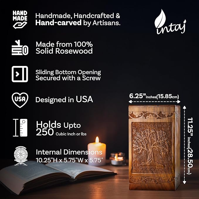 INTAJ Handcarved Wooden Cremation Urn for Human Ashes - Tree of Life Design, 250 lbs Capacity, Suitable for Adult Men and Women - Decorative Funeral Urn Box and Casket