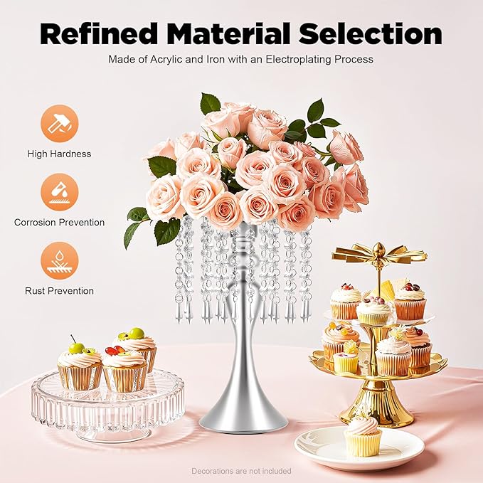 10PCS Silver Wedding Centerpiece Stands, 13.79 Inches Acrylic Crystal Flower Vases for Table Decor, Modern Silver Flower Stand for Wedding Reception, Party, Home Decor, Centerpieces for Tables