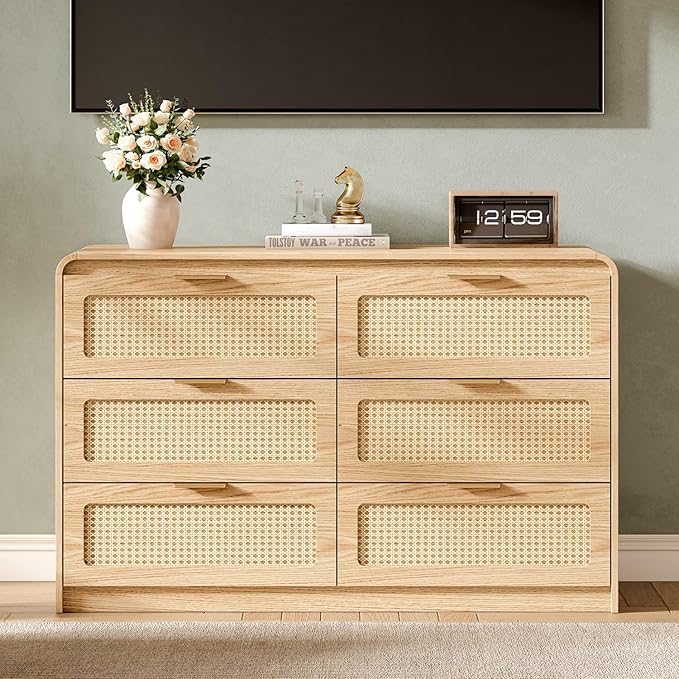 Mid Century Modern Dresser,Rattan 6 Drawers Dresser for Bedroom, 47" Wide Wood Dressers & Chests of Drawers/Curved Profile Design, Natural Texture for Bedroom, Living Room, Natural