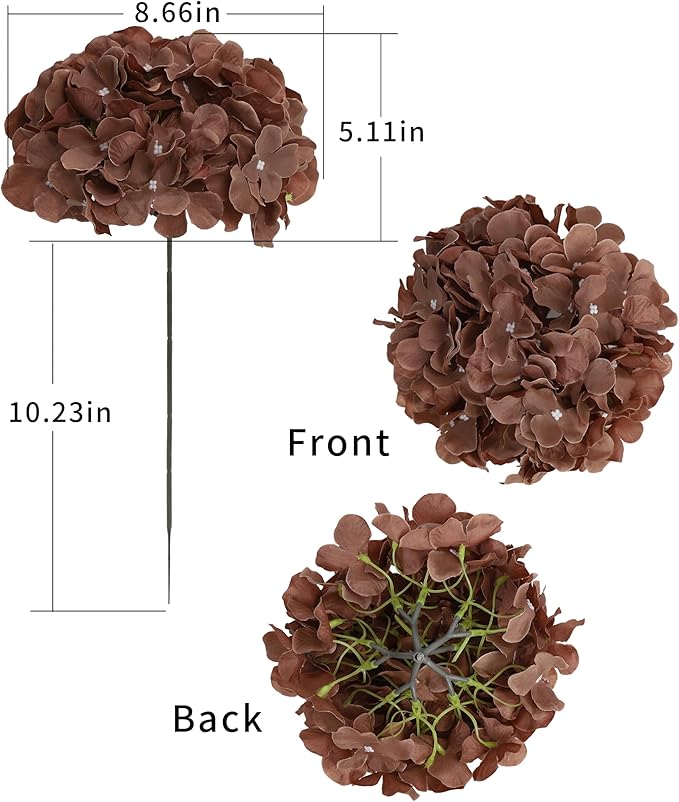 DuHouse Artificial Hydrangea Silk Flower Heads with Stem Fake Hydrangea Flowers for Wedding Home Garden Centerpiece Pack of 6(Mocha Brown)