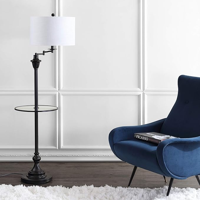 JONATHAN Y 60" Oil Rubbed Bronze Floor Lamp with Integrated Glass Side Table, Modern Swing Arm Standing Lamp for Living Room, White Linen Shade, LED Bulb Included (JYL3055C)