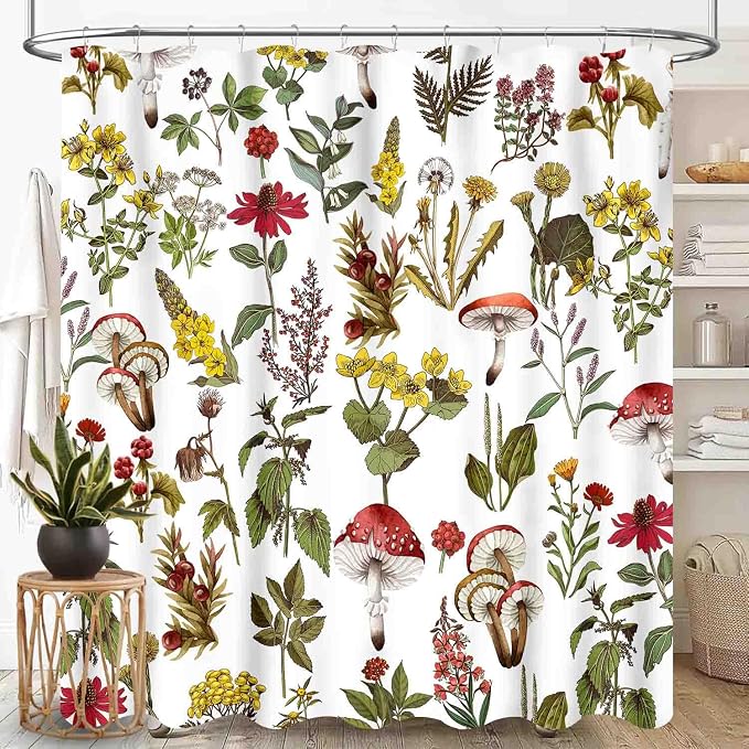 Mushroom Shower Curtain for Bathroom, Farmhouse Wildflower Botanical Mushroom Plants Leaf Sage Green Rustic Vintage Cottagecore Nature Waterproof Fabric Shower Curtain Set with Hooks, 72"x78" Inch