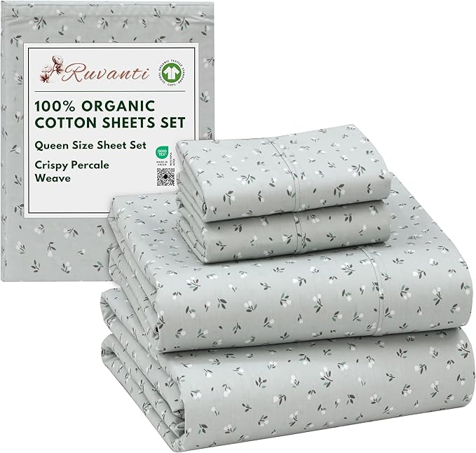 RUVANTI 100% Organic Cotton Sheets Queen Size, Percale Weave, GOTS Certified, 4-Piece Set, Deep Pocket 15", Crisp & Breathable, Soft Durable Bedding, Sábanas Algodón Orgánico – Bud Club