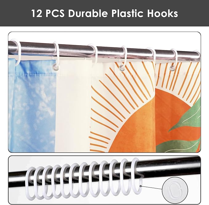 Mid Century Abstract Boho Aesthetic Shower Curtain Set, Blue Nature Leaf Sun Modern Minimalist Home Bathroom Curtain Decor with 12 Hooks 84 Inch Wide * 72 Inch High