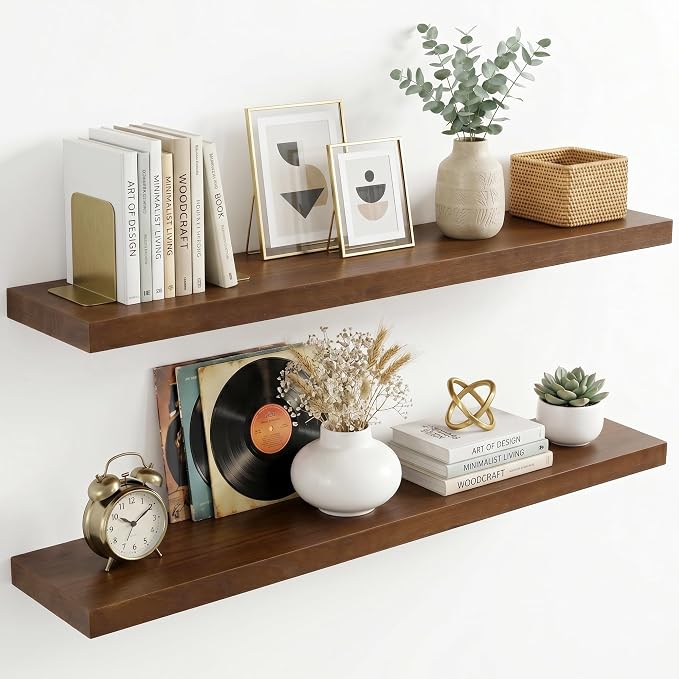 fuqing 40 Inch Floating Shelves | 6.7 Inch Deep Dark Wood Floating Shelves for Wall Set of 2 | 40''W x 6.7''D x 1.4''H Dark Wood Shelves for Living Room Bathroom Bedroom Kitchen Home Office