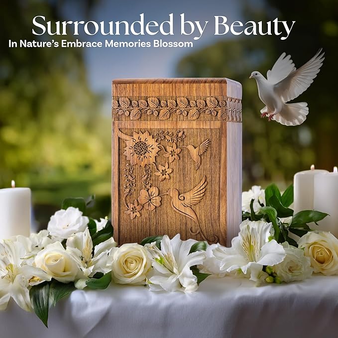 INTAJ Handcarved Rosewood Hummingbird Urn for Human Ashes Adult Male Female - Floral Carving 115 lbs Capacity - Wooden Cremation Urn Box Suitable for Burial Funeral Decorative Memorial Casket