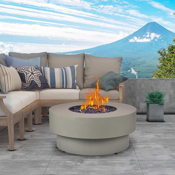 Propane Outdoor Fire Pit Table, Flint & Concrete Look 32.5-inch Round Patio Propane Fire Table 50,000 BTU w/Lid, Glass Rocks, Cover, Pre-Attached 10ft Hose