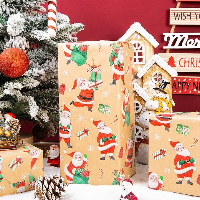Yarcony Santa Christmas Wrapping Paper Roll, Kraft Holiday Wrapping Paper, Recyclable Funny Red Rolls From North Christmas Gift Wrap for Winter Holiday Packaging, Party Decoration (17 Inch X 33 Feet)