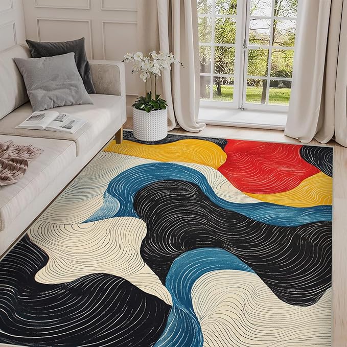 5x7 Colorful Area Rug Modern Abstract Black White Blue Beige Red Yellow Bedroom Rug Soft Low Pile Thin Large Carpet Living Room Non Slip Dining Room Stain Resistant Office Washable Machine