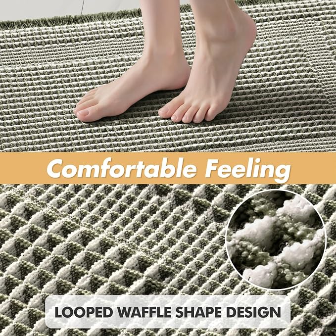 MIULEE Set of 2 Waffle Bathroom Rugs, Boho Bath Rug Super Absorbent, Non Slip Washable Ultra Soft Rubber Backed Shower Bath Mats for Floor, Tub, Shower, Looped Design, Green & Cream, 17x24 Inch