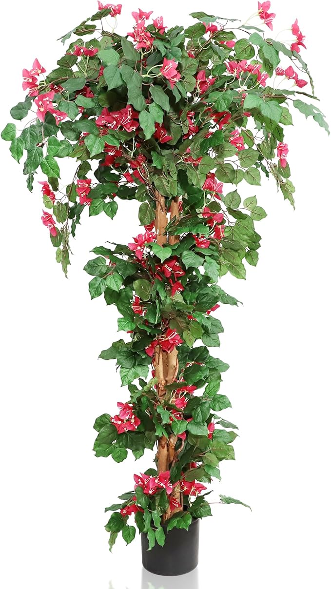 Damomo 5FT Bougainvillea Artificial Tree with Flowers, Fake Bougainvillea Tall Trees, Faux Blooming Tree in Plastic Pot for Indoor Front Porch Decor or Outdoor Home Office, 1 PCS(59 inch)