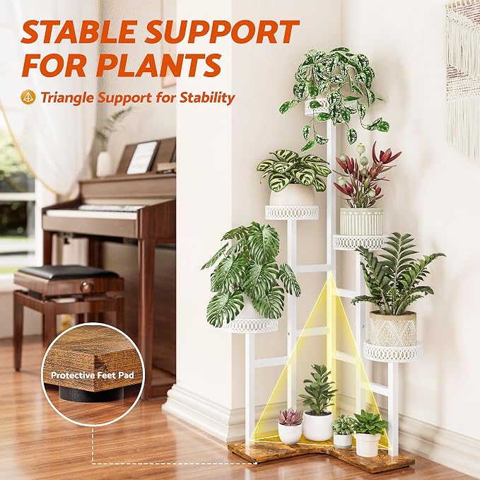 Plant Stand Indoor Outdoor, 6 Tier Tall Metal Wood Shelf Holder Display Rack Flower Pot Stand for Patio Garden Balcony Living Room Bedroom