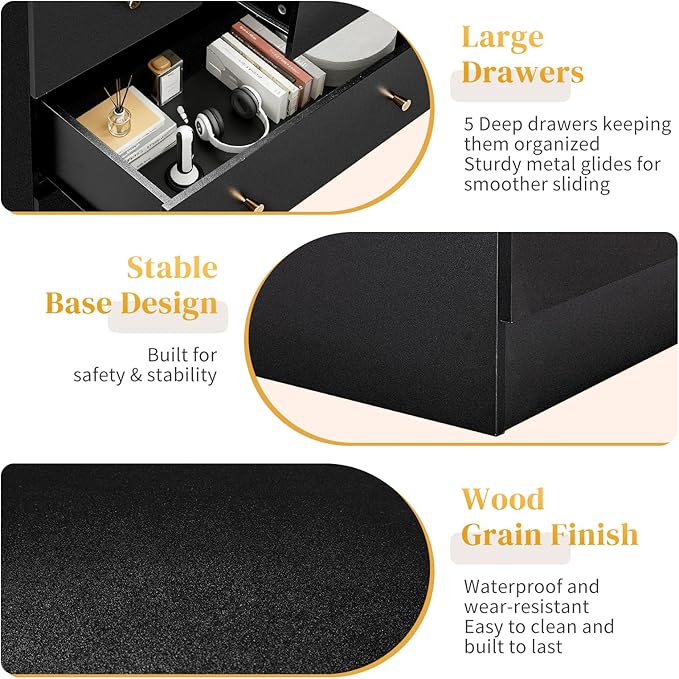 Karl home Black 5 Drawer Dresser for Bedroom, Tall Dresser Chest of Drawers, Rustic Wood Bedroom Dressers Clothes Organizer, Anti-Tipping Device, Rose Gold Metal Handle, Living Room, Entryway, Office