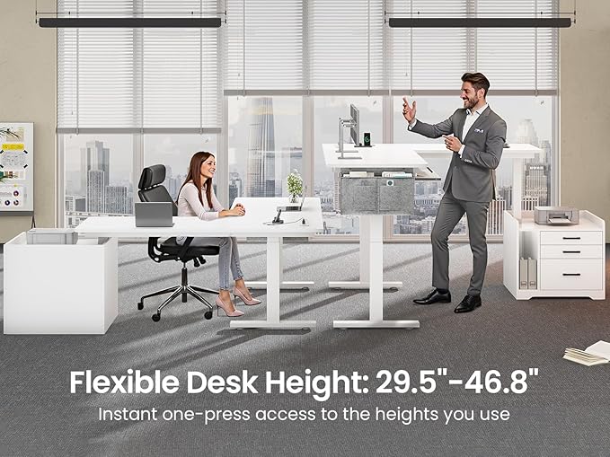 SEDETA L Shaped Electric Standing Desk with File Cabinet, 63 x 53'' Height Adjustable Home Office Computer Desk with Drawers, Power Outlet, Stand up Gaming Table with Led Lights, Keyboard Tray, White