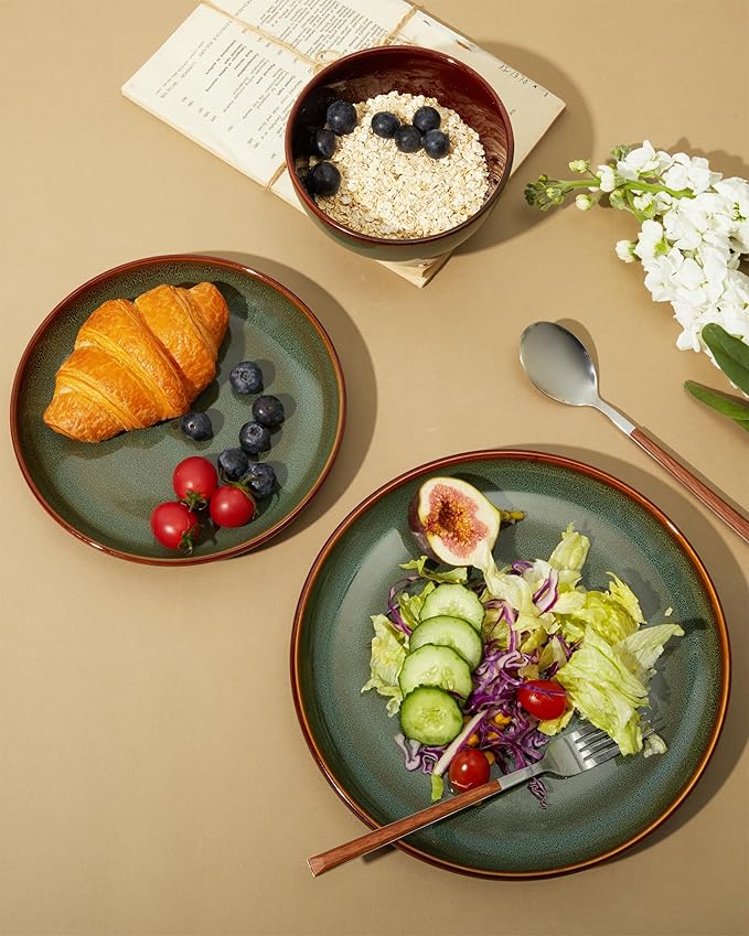 Pokini Plates and Bowls Sets for 8, 24 Piece Dinnerware Set for Large Families & Entertaining, Elegant Design, Dishwasher & Microwave Safe, Chip Resistant and Durable, Sage Green