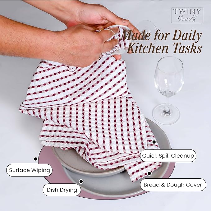 TWINY threads Multi Colors White Waffle Towels 4 Pack, 16x26 Inches Absorbent Waffle Weave Kitchen Dish Cloth Set, Durable & Machine Washable Tea Towel, Turquiose Blue, Orange, Burgundy, Indigo Blue