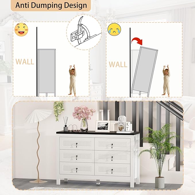 White Dresser for Bedroom Modern: 47" Fluted 6 Drawer Dresser for Closet, Wide Wooden Bedroom Chest of Drawers, Deep Wood Dressers & Chests of Drawers(White)