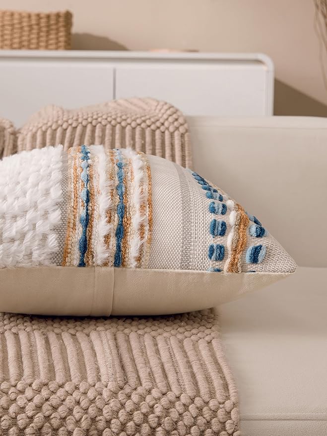 KOOLIFE Boho Chenille Tufted Couch Throw Pillow Covers 18x18 Inch Set of 2 Farmhouse Striped Decorative Pillow Covers Accent Neutral Pillowcase Caramel Brown Blue Cushion Cover for Livingroom Sofa Bed