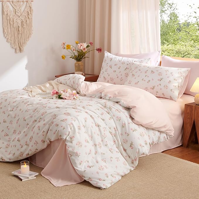 Nayoroom Pink Floral Duvet Cover Queen Size Reversible Spring Cottagecore Bedding Set Girls 3 Pcs Soft Microfiber Coquette Comforter Cover Gift for Women