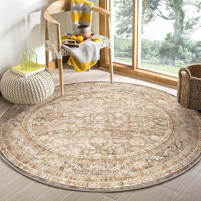 OPPODREAM Vintage Beige Round Rug 5ft, 5 ft Retro Washable Circle Rug Non Slip, Low-Pile Faux Wool Circular Carpet, Distressed Tan Floor Mat for Living Room, Bedroom, Office, Dorm, Dinning Room