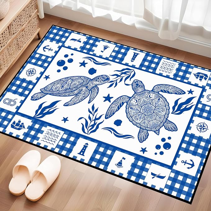 Sea Turtle Rug Coastal Ocean Print Floor Mat Blue and White Plaid Area Rug for Entryway Bedroom Living Room Nursery Kitchen Playroom Home Decor Non-Slip Washable Carpet,2'x3'