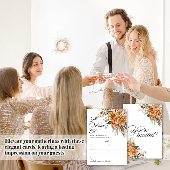 Boho Pampas Grass Wedding Invitations, 5"x 7" Autumn Wildflower Wedding Invites Card With Envelopes, 25 PCS for Party Decorations and Supplies - A06