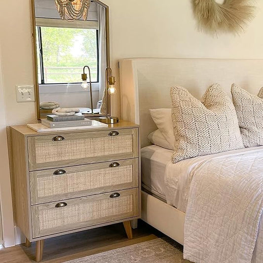 PHI VILLA Rattan Dresser - Nightstand with Drawer Boho Small Cabinet 3 Drawer Dresser, Bedside Table