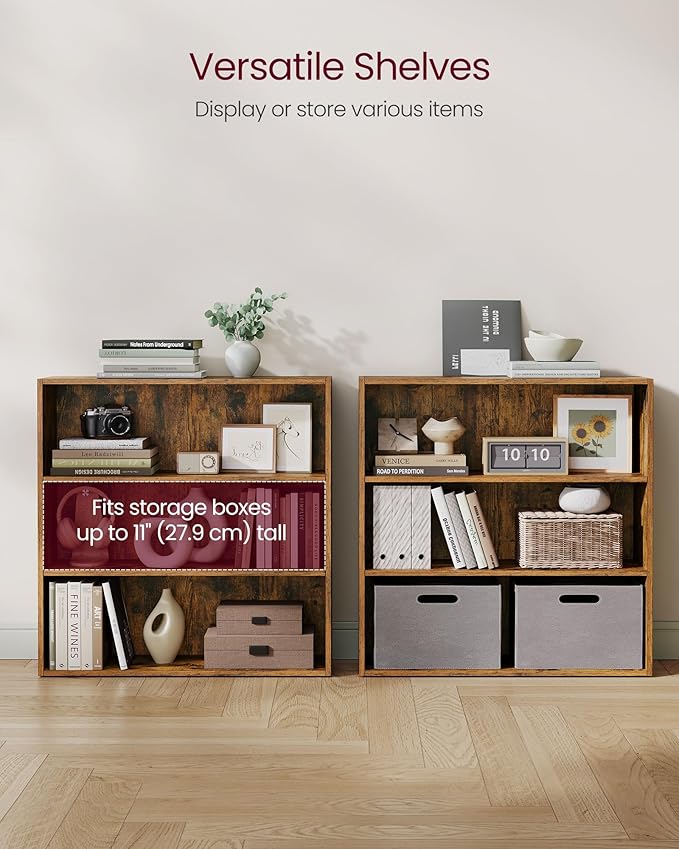 VASAGLE Custos Collection - Bookshelf, 3-Tier Bookcase, Book Shelf, Open Storage Shelf, 9.4 x 31.5 x 32 Inches, for Living Room, Home Office, Dinning Room, Rustic Brown ULBC173X01