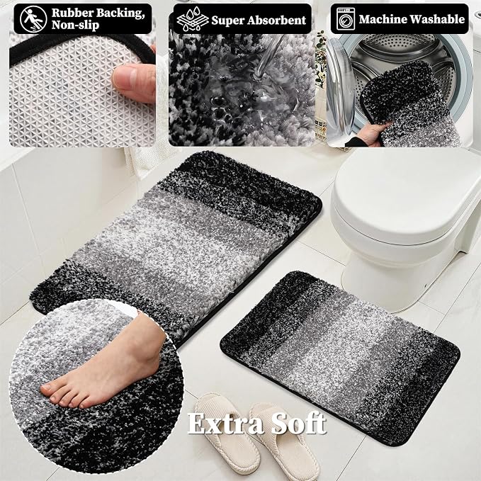 Bathroom Accessories Set, 25PCS Wicker Bathroom Accessory Set with Shower Curtain, Bath Mat, Soap Dispenser, Handwoven Trash Can & Rattan Tissue Box (Black, Bath Set+Shower Curtain+Rugs)