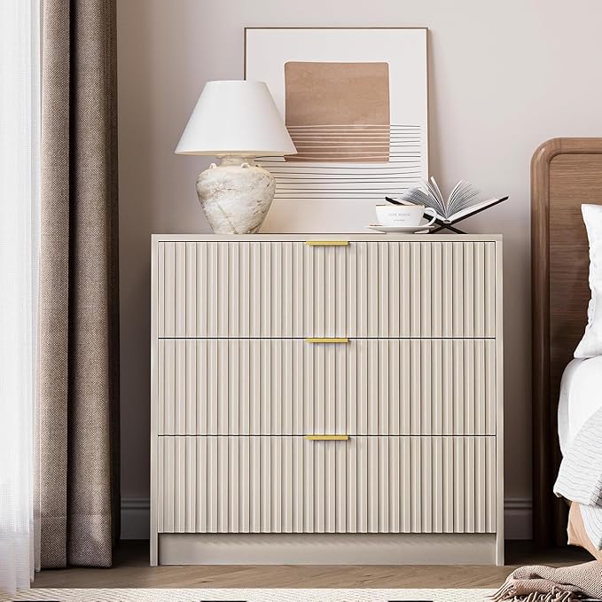 3-Piece Dresser Bedroom Set, 5 Drawer Dresser & 3 Drawer Nightstands with Gold Handles, Fluted Wood Chest of Drawers for Bedroom, Living Room, Entryway, Beige