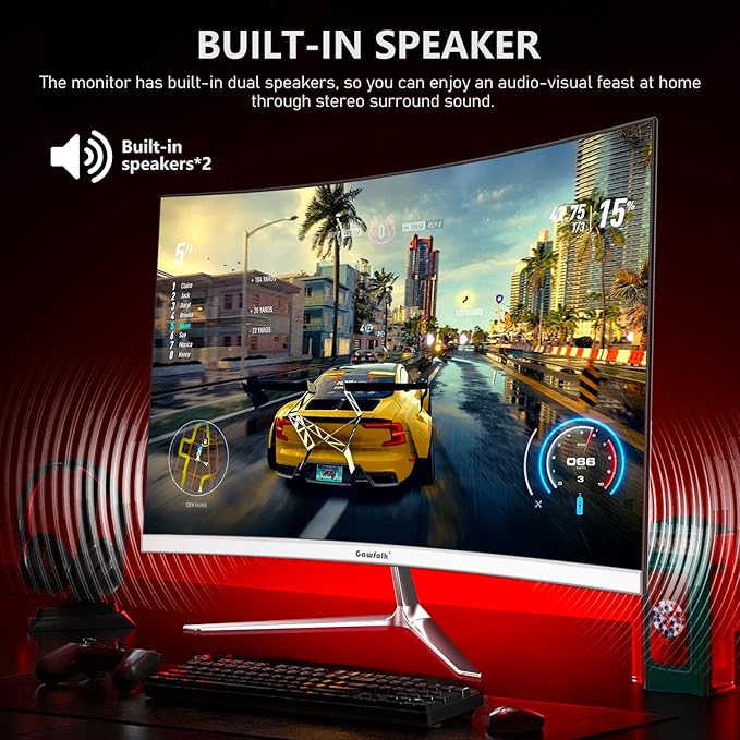Gawfolk 24.5 Inch Gaming Curved Monitor Built-in Speakers, 3000R 120Hz White PC Screen Full HD 1080P, HDMI 2.0, VGA, Wall Mount Compatible 75 * 75mm