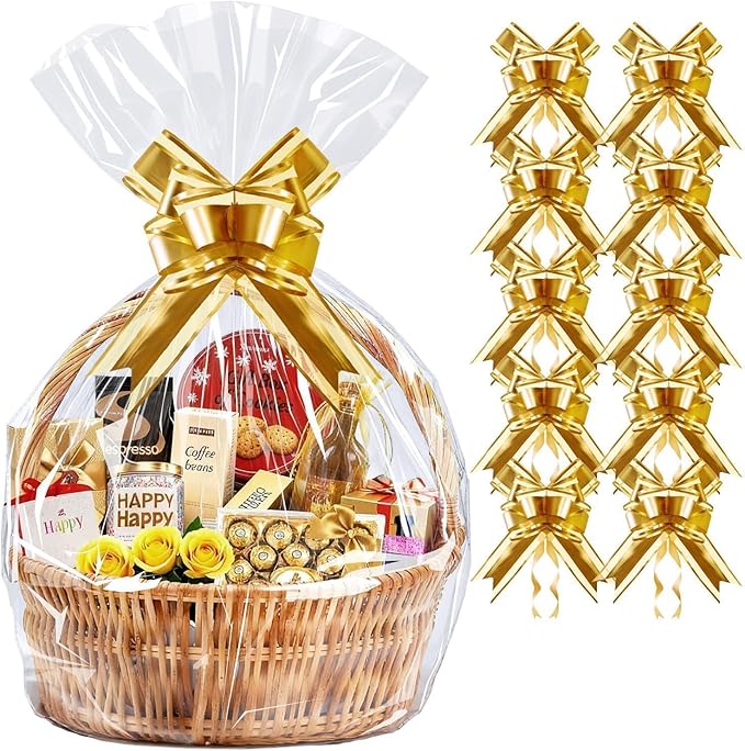 PigPotParty 24"x30" Clear Cellophane Gift Bags - Includes Bows – 10 Pack Large Cellophane Wrap for Gift Baskets, Plastic Gifts Bags for Gift Giving