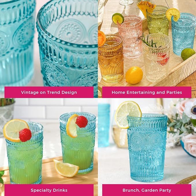 Kate Aspen Vintage Textured Aqua Blue Striped Drinking Glasses Set of 6-13 oz Ribbed Glassware with Flower Design | Cocktail Set, Juice Glass, Water Tumbler