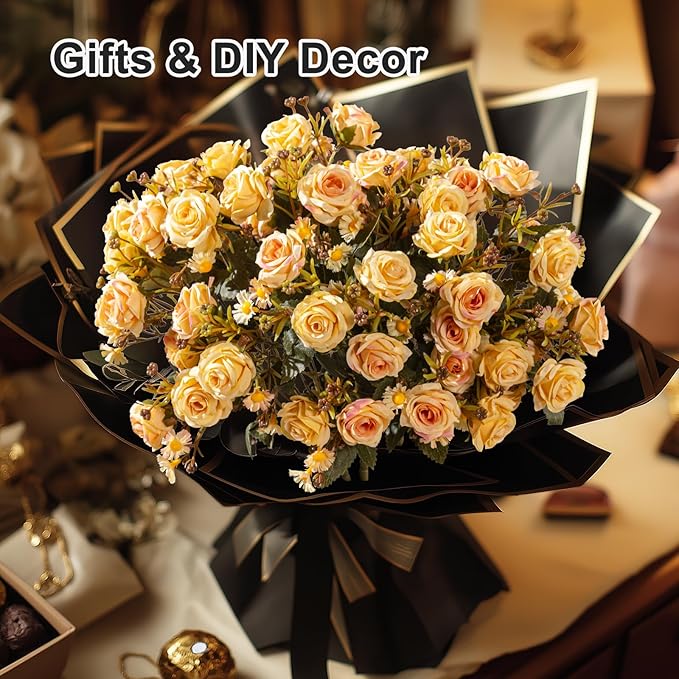 Artificial Rose Flowers for Outdoor 4 Bundles Rose Bouquet with Daisy Faux Flowers UV Resistant for Home Indoor Outside Garden Porch Window Box Balcony Yard Porch Fall Decor (Yellow)