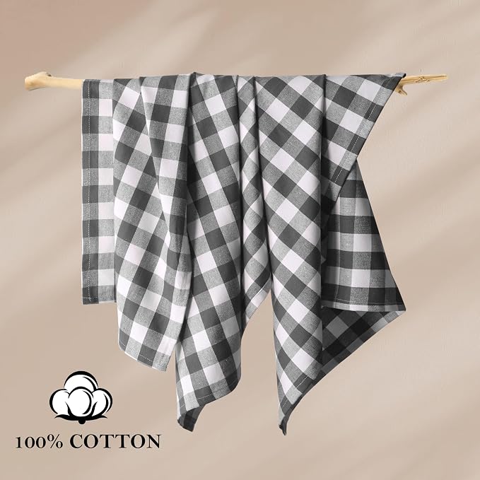 Gingham Check Kitchen Towels, 4 Pack, 16x26 Inches, 100% Cotton - Soft, Highly Absorbent, Quick Drying, Dish Towels for Drying Dishes, Glasswares, Cleaning, Wiping Hands, Grey White