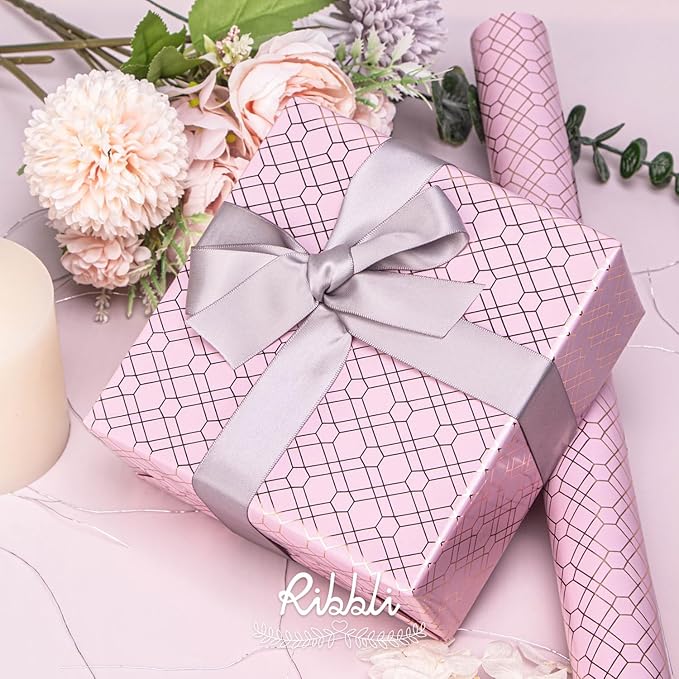 Ribbli Rose Gold Pink Birthday Wrapping Paper Mini Roll, 3 Rolls Grey Pink Black Geometry Pattern with Rose Gold Foil for Valentines Day Mothers Day Wedding - 17 inch x 120 inch(10feet) Per Roll